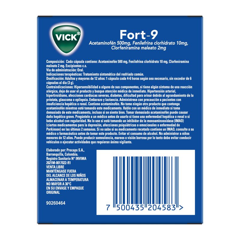 Vick Fort-9 500 Mg Caja X 12 Cápsulas P&G