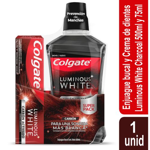 Enjuague Plax Luminous White Carbón 500Ml + Crem Carbón Tubo X 75Ml
