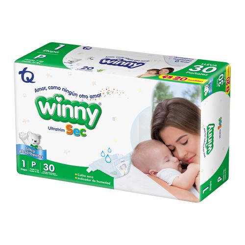 Pañal Winny Sec Etapa 1 + Toallas 20 Aloe Paca X 30 Unidades Tq