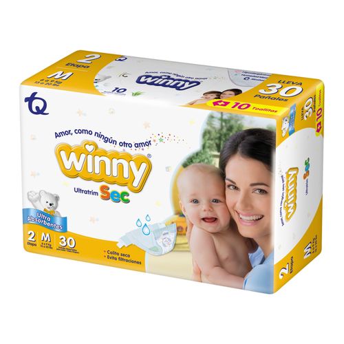 Pañal Winny Sec Etapa 2 + Toallitas Húmedas 10 Aloe 30 Unidades Tq