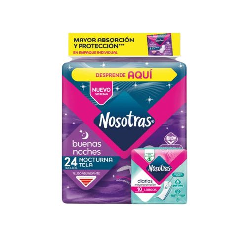 Toallas Higiénicas Nosotras Buenas Noches Tela 24 Unidades + Protector 10 Familia