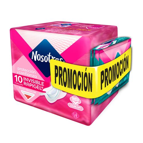 Toallas Higiénicas Nosotras Invisible Rapigel Paquete X 10 Unidades + Protectores Largos 5 Familia