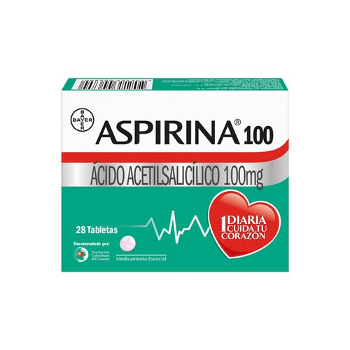 Aspirina Ácido Acetil Salicílico 100 Mg Caja X 28 Tabletas Bayer