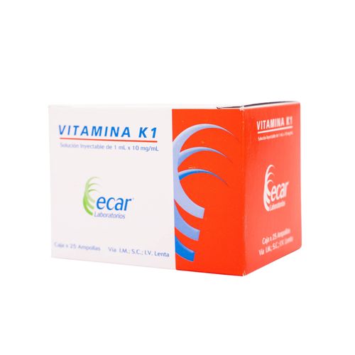 Vitamina K Fitomenadiona 10 Mg Inyectable 1 Ml Caja X 25 Ampollas Ecar