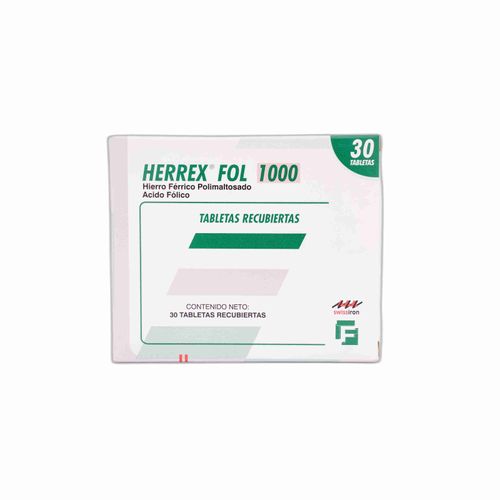 Herrex Fol 1000 Hierro Polimaltoso 100 Mg Ácido Fólico 1 Mg Caja X 30 Tabletas Farma De Colombia