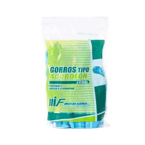 Gorro Desechable Tipo Acordeon Azul Bolsa X 12 Unidades Inverfarma