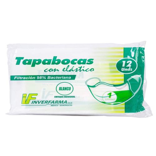 Tapabocas Desechable Elast Empaque Ind Ad Blanco X 12 Und Inverfarma