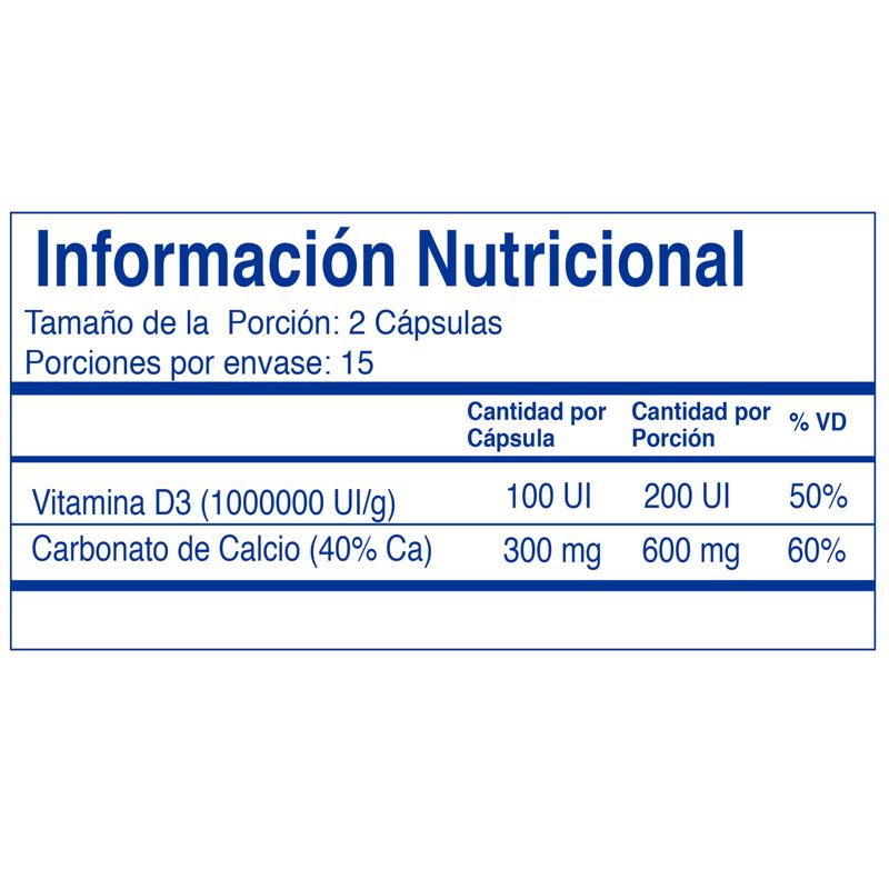 Calcio + Vitamina D3 Frasco x 30 Cápsulas