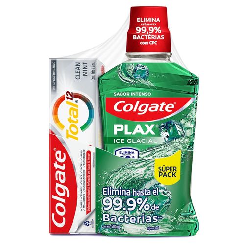 Enjuague Bucal Plax Ice Glacial Frasco X 500 Ml + Crema Total 12 Tubo X 75Ml Colgate