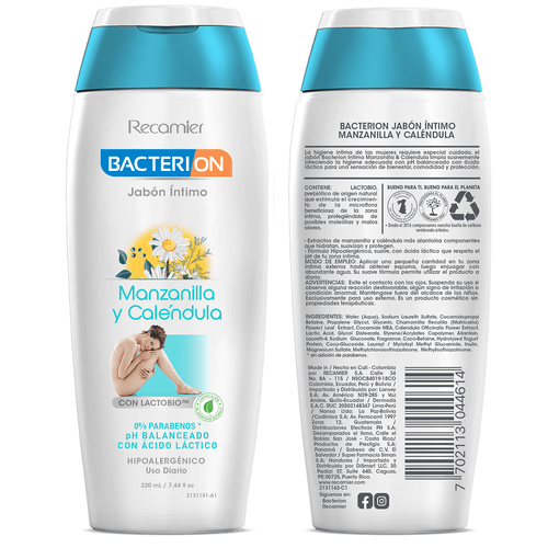 Jabón Intimo Bacterion Manzanilla Y Caléndula 220 Ml Recamier