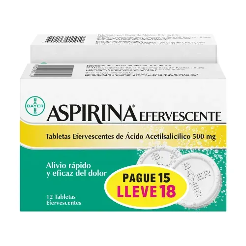 Aspirina Ácido Acetil Salicílico 500 Mg Pague 15 Lleve 18 Tabletas Efervescente Bayer