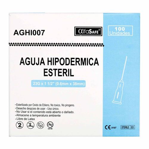 Aguja Hipodermica Alfasafe 23 X 1 1/2 Desechable Caja X 100 Und