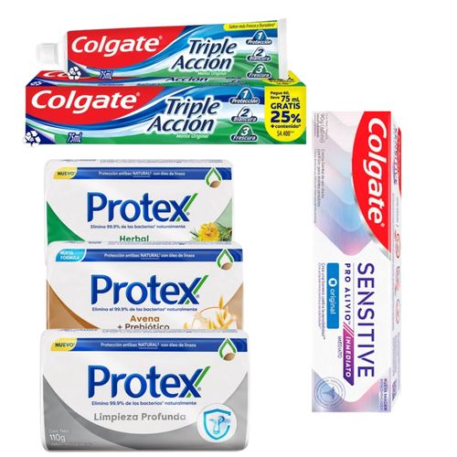 Kit Colgate Triple Acción: 3 Cremas Dentales 75ml + 3 Jabones Protex + Crema Sensi Proalivio Gratis