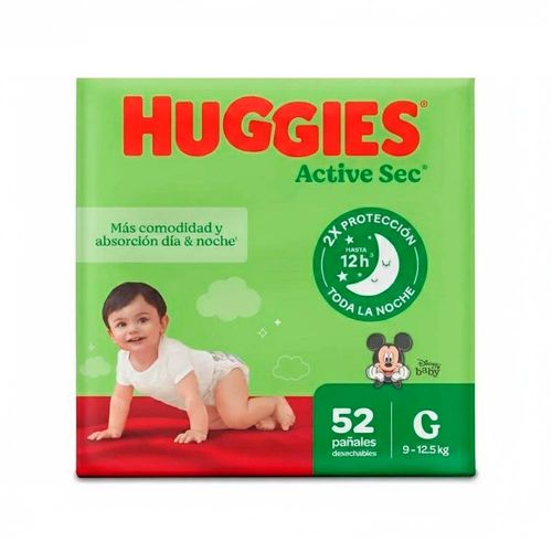 Pañales Huggies Active Sec G - Paca X 52 Unidades