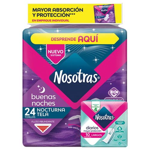 Toallas Higiénicas Nosotras Buenas Noches Tela 24 Unidades + Protector 10 Familia