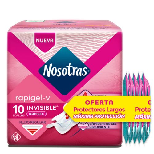 Toallas Higiénicas Nosotras Invisible Rapigel Paquete X 10 Unidades + Protectores Largos 5 Familia