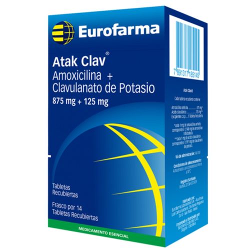 Atak Amoxicilina 875 Mg Ácido Clavulánico 125 Mg Frasco X 14 Tabletas Recubiertas Eurofarma