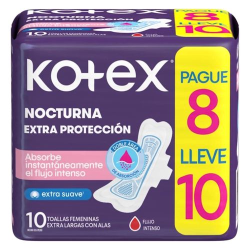 Toallas Higiénicas Kotex Noche Tela Pague 8 Lleve 10 - Paquete x 10 Und