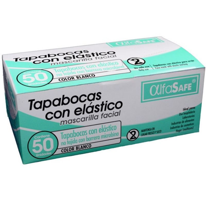Tapabocas Blanco Elastico Caja 50un Alfa Safe