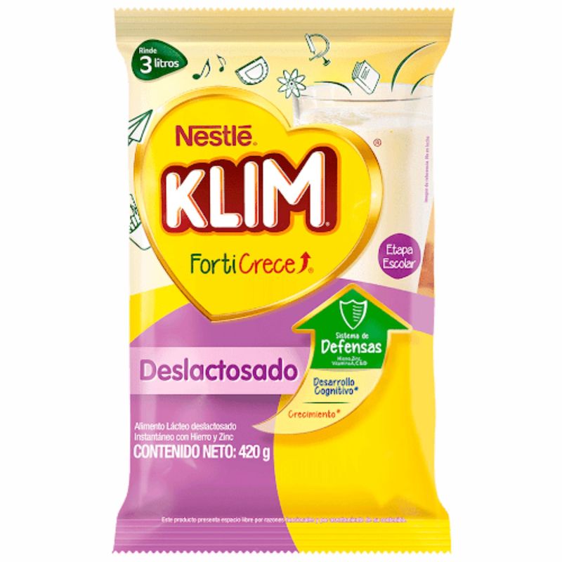 Leche Klim Deslactosada Forticrece Bolsa 420 Gr