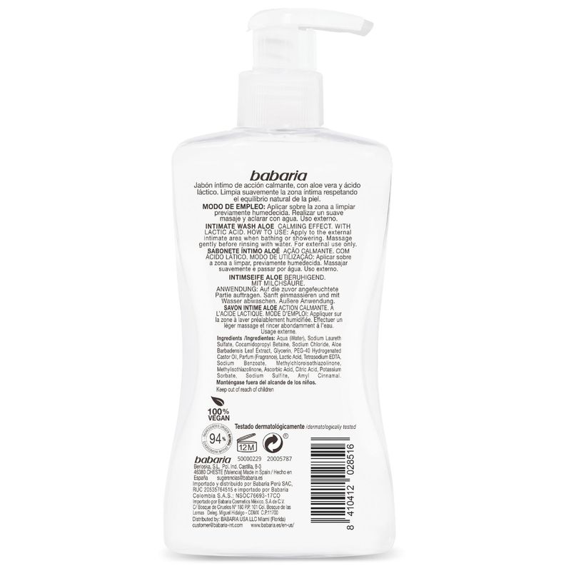 Jabón Íntimo Babaria Aloe Frasco X 300 Ml