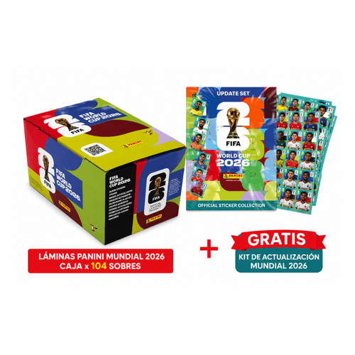 Pack Coleccionable Álbum Panini Mundial FIFA 2026: 1 Display x 104 Sobres (7 Láminas c/u) + Gratis Kit de Actualización