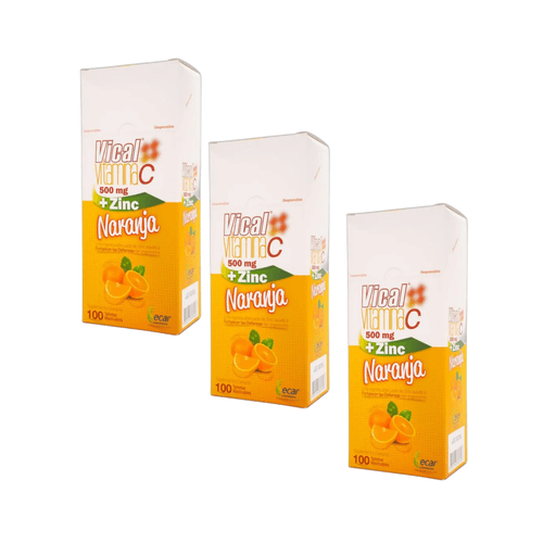 Oferta 2+1 Ecar Vical Vitamina C Naranja + Zinc 500 mg Caja x 100 Tabletas