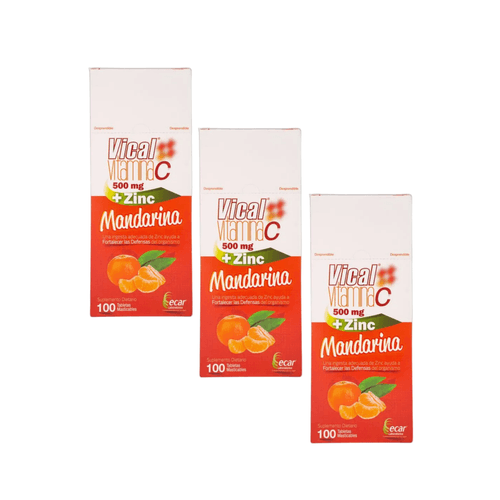 Oferta 2+1 Ecar Vical Vitamina C Mandarina + Zinc 500 mg Caja x 100 Tabletas