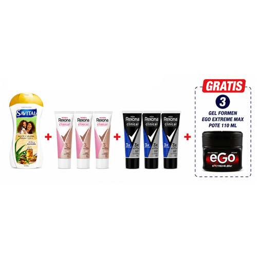 Combo Shampoo Savital 510ml + 6 Desodorantes Rexona Clinical 30g + Gratis 3 Geles Ego